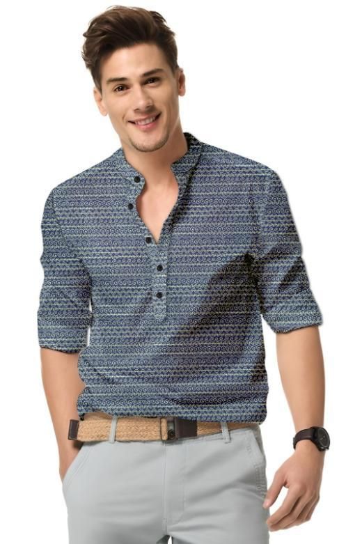 Men's Printed Spread Collar Casual Shirt Navy Blue